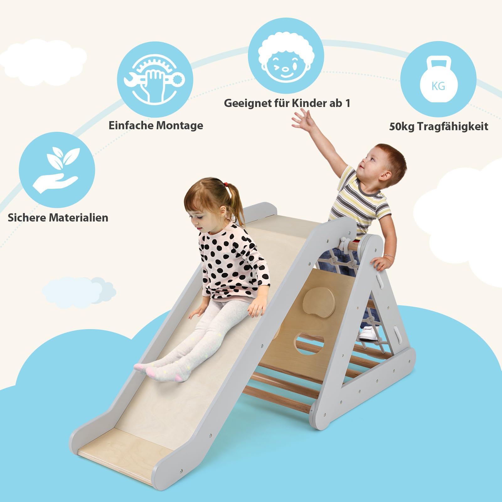 COSTWAY 4 in 1 Kletterdreieck mit Rutsche, Klettergerüst aus Holz, Sprossendreieck zum Rutschen und Klettern, für Kinder ab 1 Jahre (Grau)