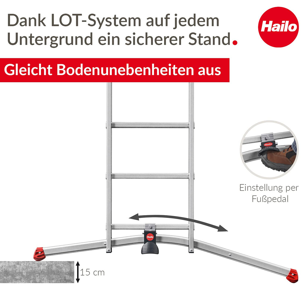 Hailo S100 ProfiLOT 3-teilige Alu-Kombileiter mit LOT-System - gleicht Unebenheiten aus - 2 x 9 + 1 x 8 profilierte Sprossen belastbar bis 150 kg - Aluleiter made in Germany - Leiter rostfrei - silber