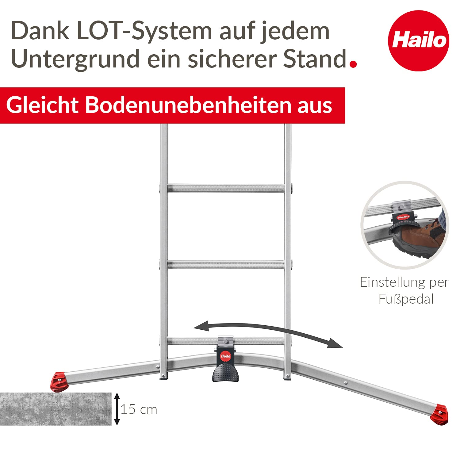Hailo S100 ProfiLOT 3-teilige Alu-Kombileiter mit LOT-System - gleicht Unebenheiten aus - 2 x 9 + 1 x 8 profilierte Sprossen belastbar bis 150 kg - Aluleiter made in Germany - Leiter rostfrei - silber