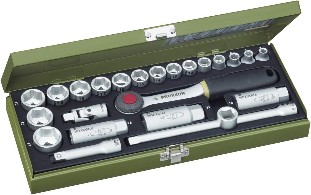 PROXXON Steckschlüsselsatz, Kompaktsatz mit 3/8"-Umschaltratsche, 24-teiliges Werkzeug-Set mit Stahlkasten, 23110, 33.5 x 15 x 5 cm