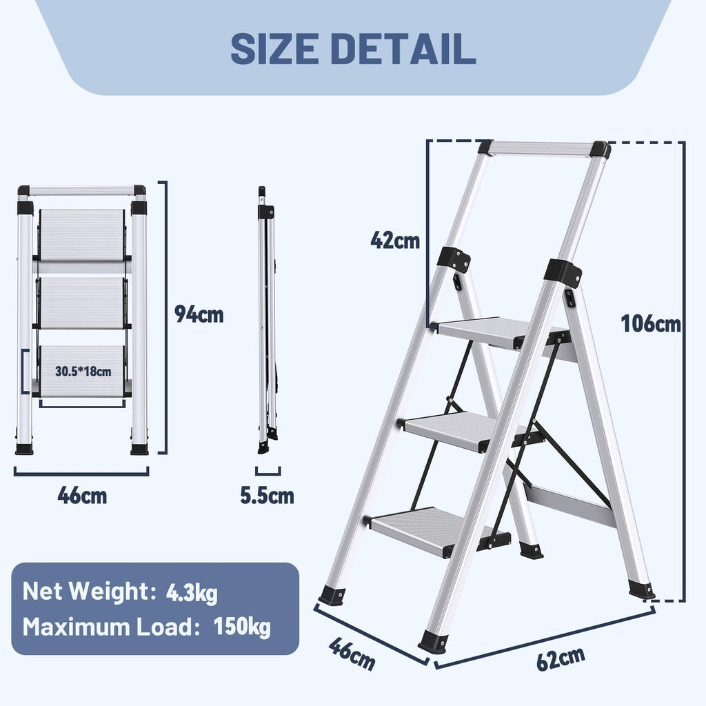 XinSunho Stufenleiter, Klapptritt 3 Stufen mit Ausziehbarem Handlauf, Aluminium Tritthocker, rutschfeste Tragbare Leiter für Haus und Büro, Belastbar bis 150 kg