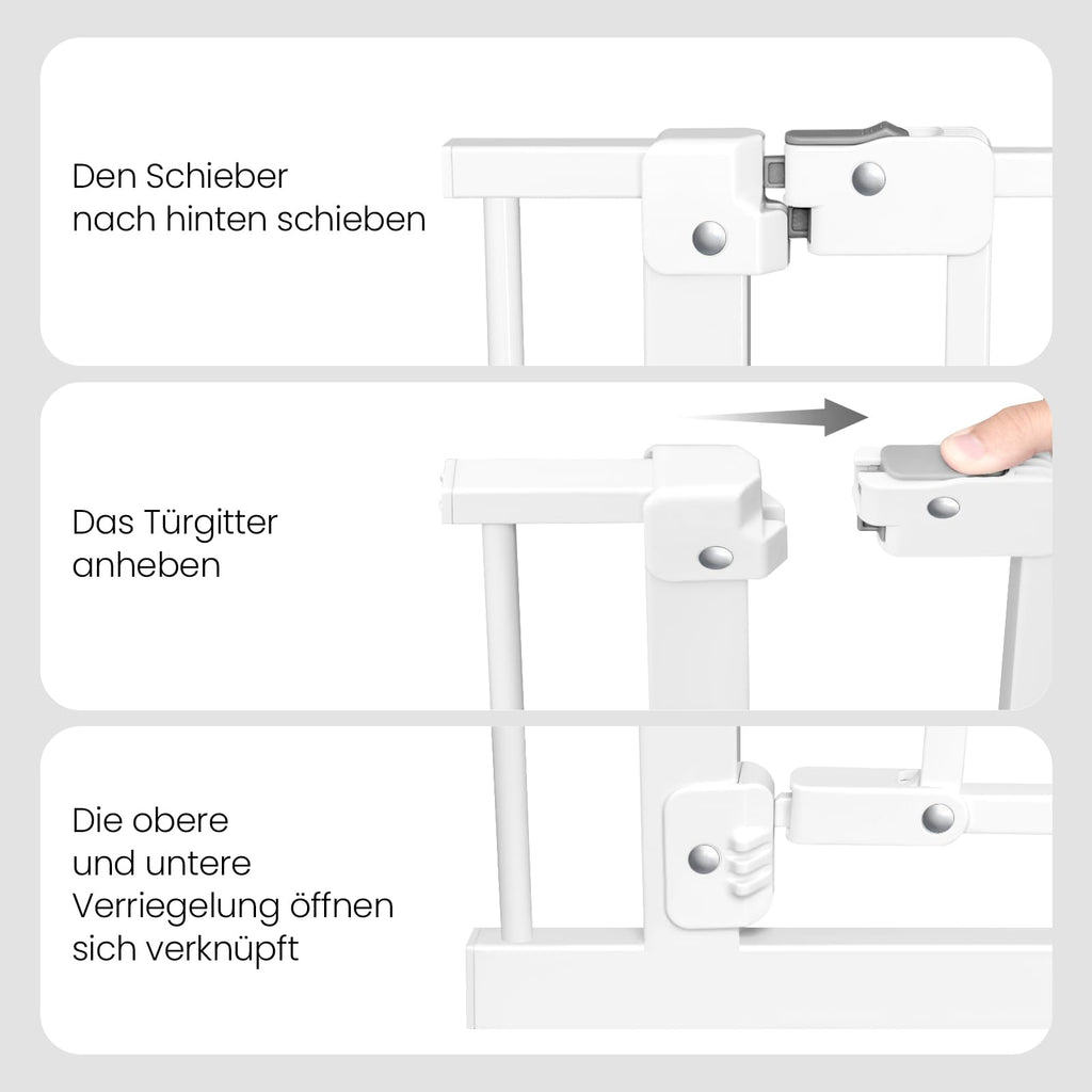 WOLTU Treppenschutzgitter 75–87 cm, Türschutzgitter aus Metall, mit/ohne Bohren, Auto-Close, 90°-Stopp, beidseitig schwenkbar, 2 Riegel, einhändig zu öffnen,Weiß