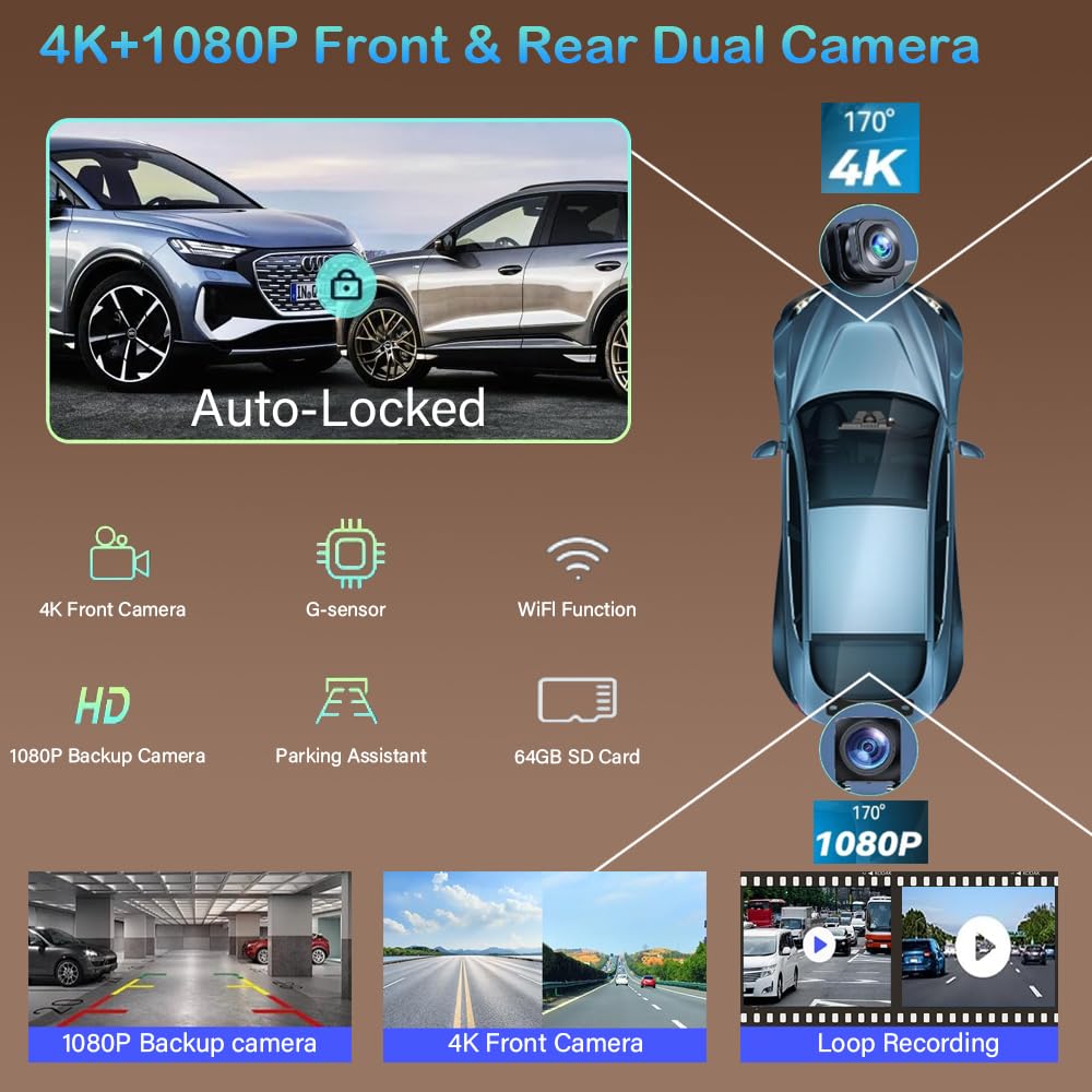 10.26" Wireless Carplay Screen 360 Rotation 4K Dash Cam Carplay/Android Auto Auto Stereo Auto Audio Empfänger mit 1080p Backup Kamera GPS Navigation/Spiegel Link/Sprachsteuerung/Siri