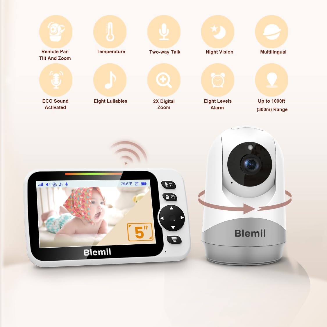 Blemil Babyphone mit Kamera und Audio 30 Stunden wiederaufladbare Batterie, 5" großer Bildschirm, ferngesteuerte Schwenk-/Neige-/Zoom-Kamera, Zwei-Wege-Gespräch, Nachtsicht, kein WiFi