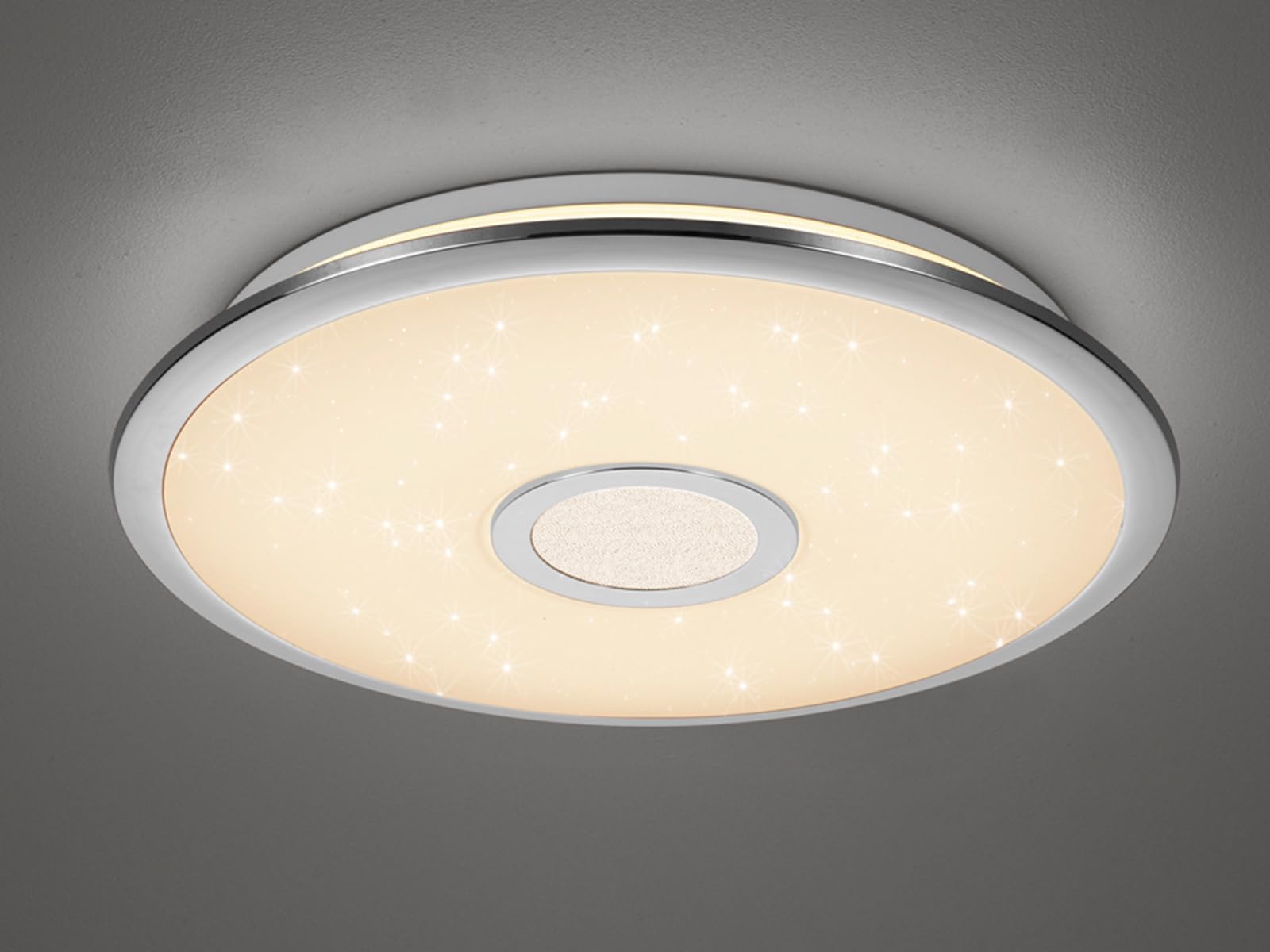 Trio Leuchten LED Deckenleuchte Osaka 678713006, Chrom, Acryl weiß mit Star Light Effekt, 30 Watt, Fernbedienung Helligkeit und Lichtfarbe einstellbar, Nachtlicht Funktion