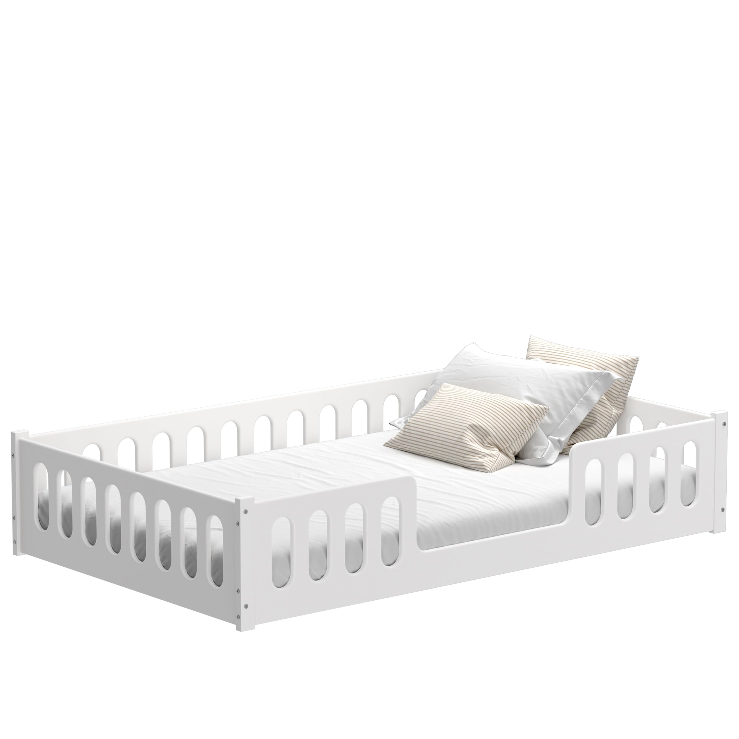 CADANI 2in1 Monte Bodenbett 120x200 cm Montessori Kinderbett weiß, Rausfallschutz abnehmbar, 42 kg schwer, bis 200 kg belastbar, extra starker Roll-Lattenrost, umbaubar