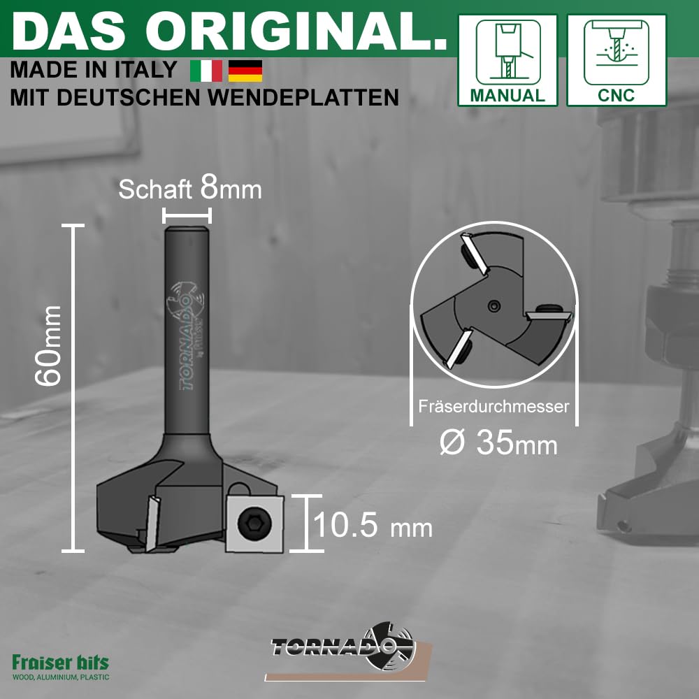 Fraiser Tornado – Planfräser Holz mit Schnittdurchmesser 35 mm und 8 mm Schaft, 3 austauschbaren HM-Wendeplatten – Flächenfräser, Kantenfräser und Nutfräser für CNC und Oberfräse