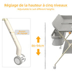 Wickelstation mit Seitenkorb, höhenverstellbarer tragbarer Wickeltisch mit feststellbaren Rädern, multifunktionaler Aufbewahrungs-Organizer fürs Kinderzimmer,75 x 68 x 83–91 cm (A) (Grau)