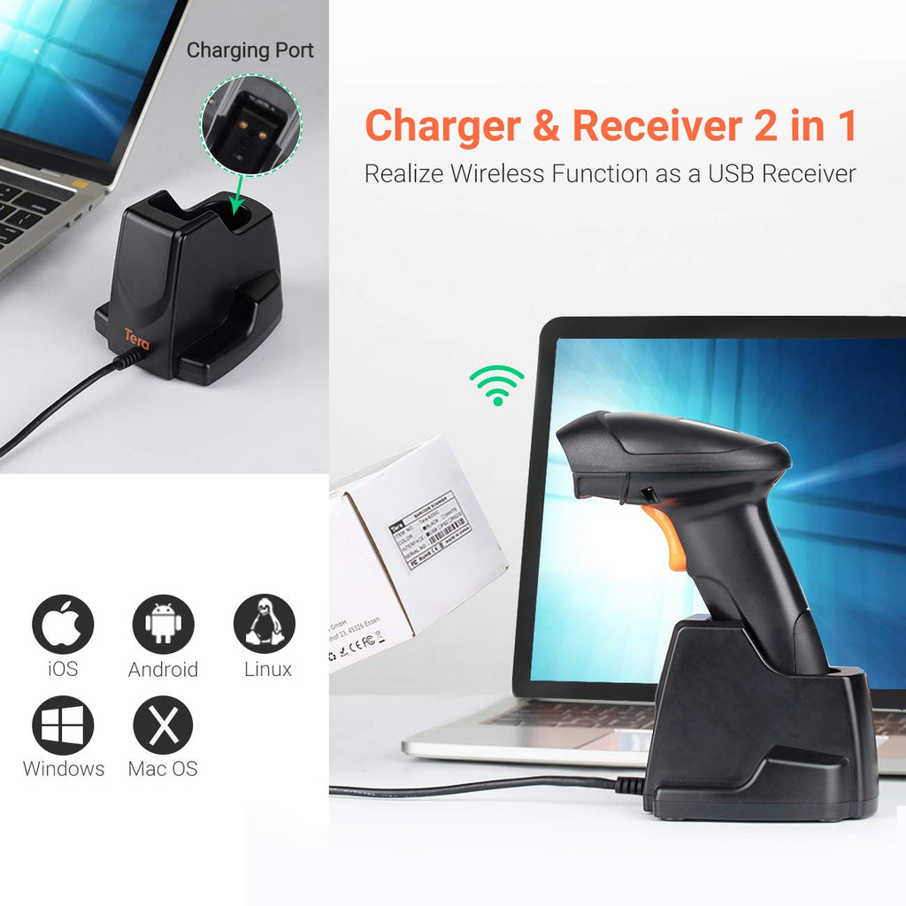 Tera Pro Extreme Leistung 1MP-Kamera Barcodescanner QR 2D 1D Bluetooth Barcode Scanner Wireless 2,4G mit USB Ladestation Hochauflösendes Scannen, HW0007