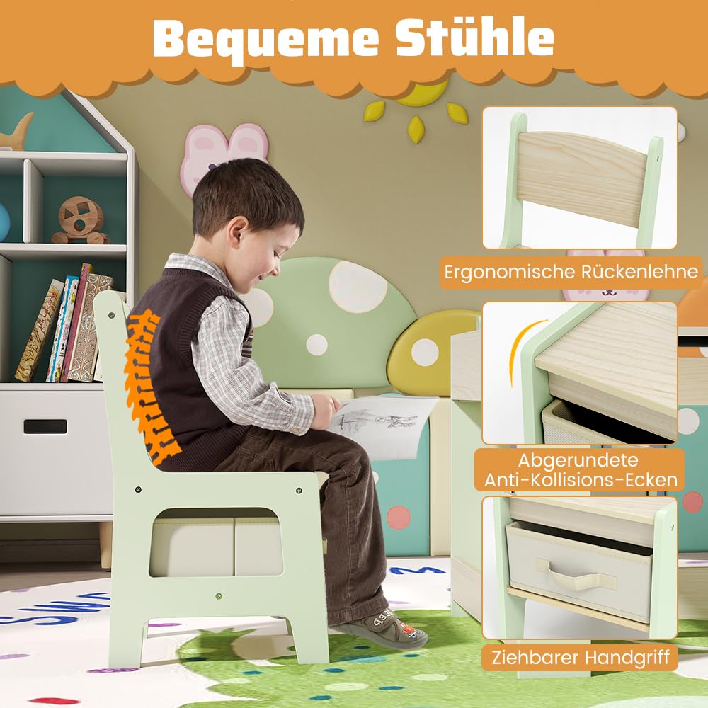 COSTWAY Kindertisch mit 2 Stühlen, 3 teilige Kindersitzgruppe aus Holz mit wendbarer Tischplatte, Bücherregalen & Aufbewahrungsboxen, 4 in 1 Kinder Maltisch mit Stauraum für ab 3 Jahren (Grün)