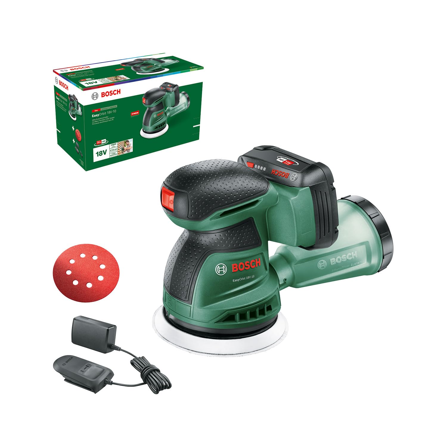 Bosch Akku-Exzenterschleifer EasyOrbit 18V-10 (Schleifen von kleinen bis mittelgroßen Holzoberflächen sowie lasierten und lackierten Oberflächen; Durchmesser: 125 mm; Akku 2.0Ah und Ladegerät)
