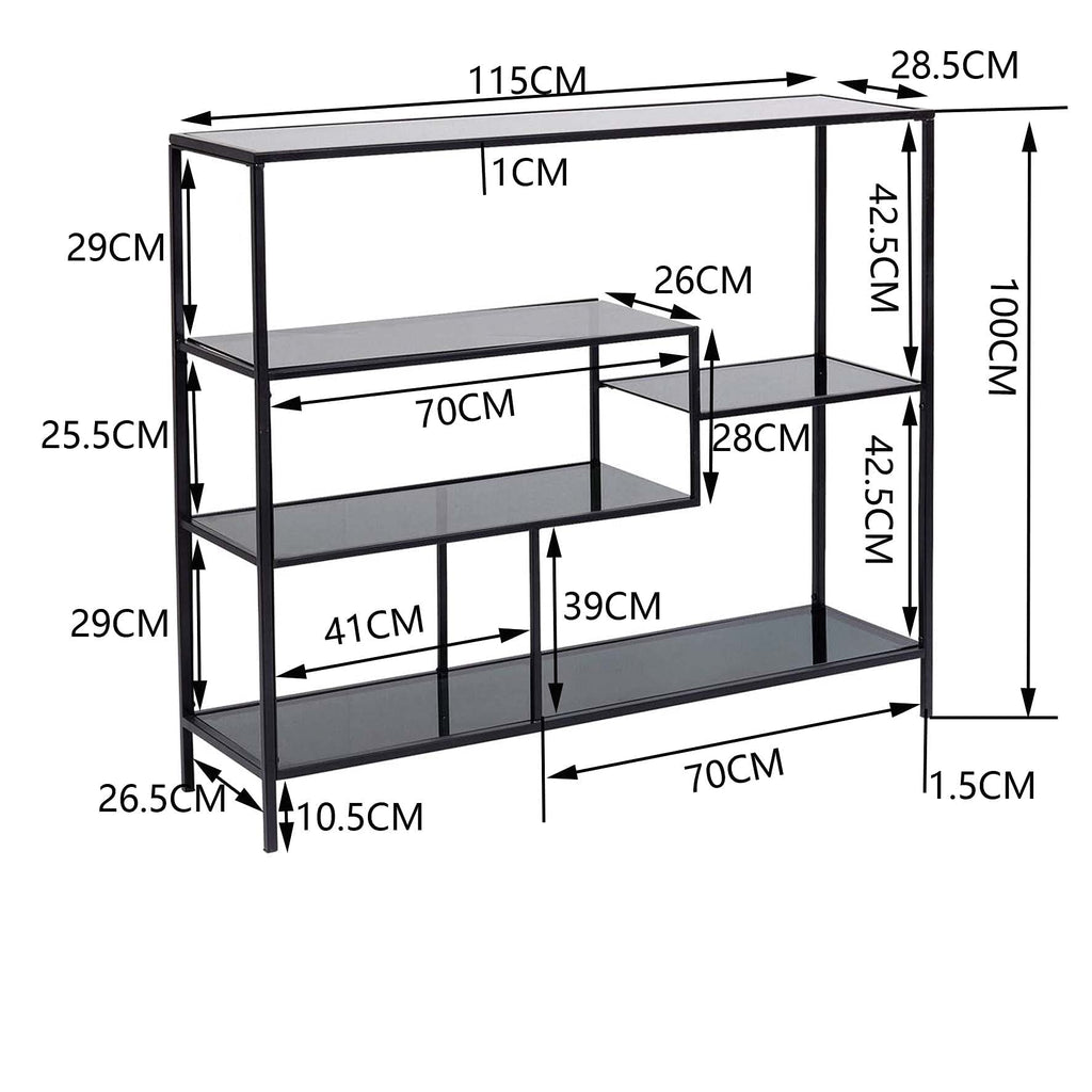 Kare Design Regal Loft, Schwarz, Stahl, Glas Fachböden, mit 5 Fachböden, schmal, freistehend, Wohnzimmer, Schlafzimmer, Flur, 100x115x30 cm (H/B/T)
