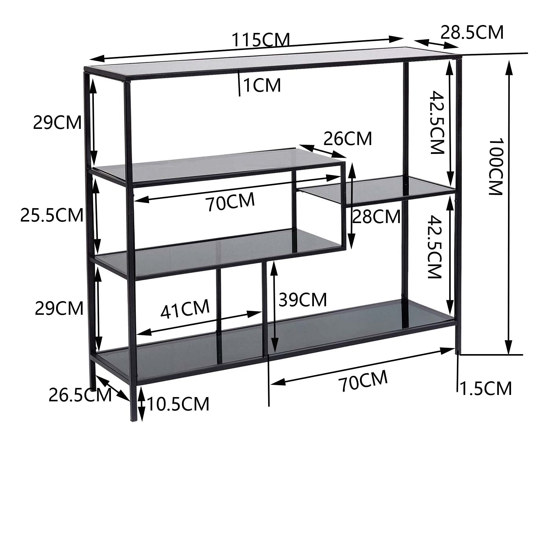 Kare Design Regal Loft, Schwarz, Stahl, Glas Fachböden, mit 5 Fachböden, schmal, freistehend, Wohnzimmer, Schlafzimmer, Flur, 100x115x30 cm (H/B/T)