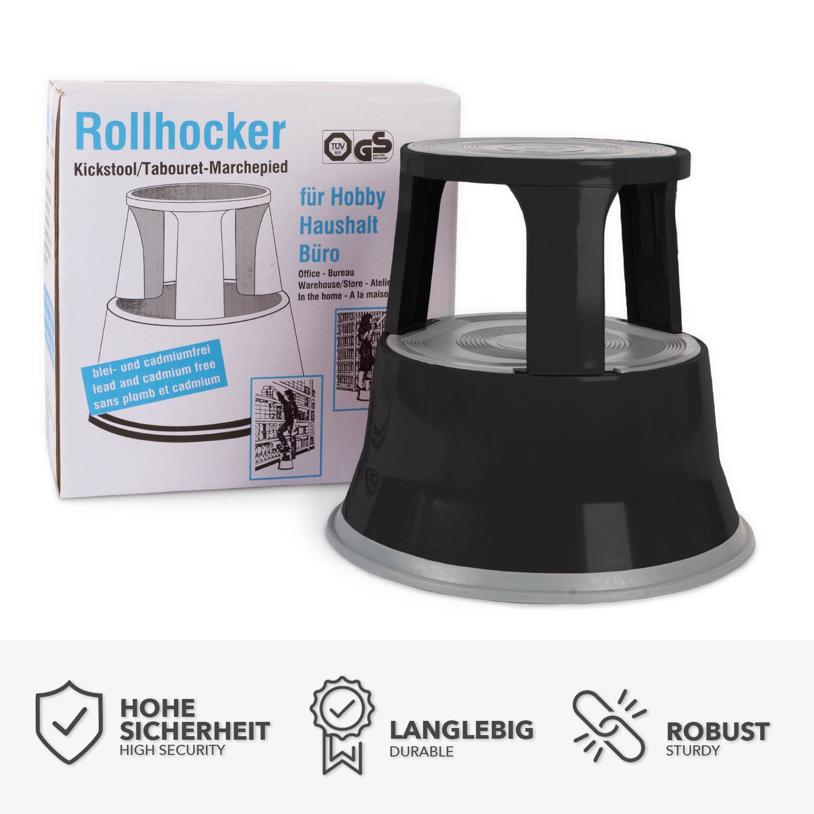 Floordirekt Rollhocker, Tritthocker, Elefantenfuß - Hocker aus Stahl bis 150kg Tragkraft für Büro oder Gewerbe - TÜV + GS geprüft (Schwarz, Metall)