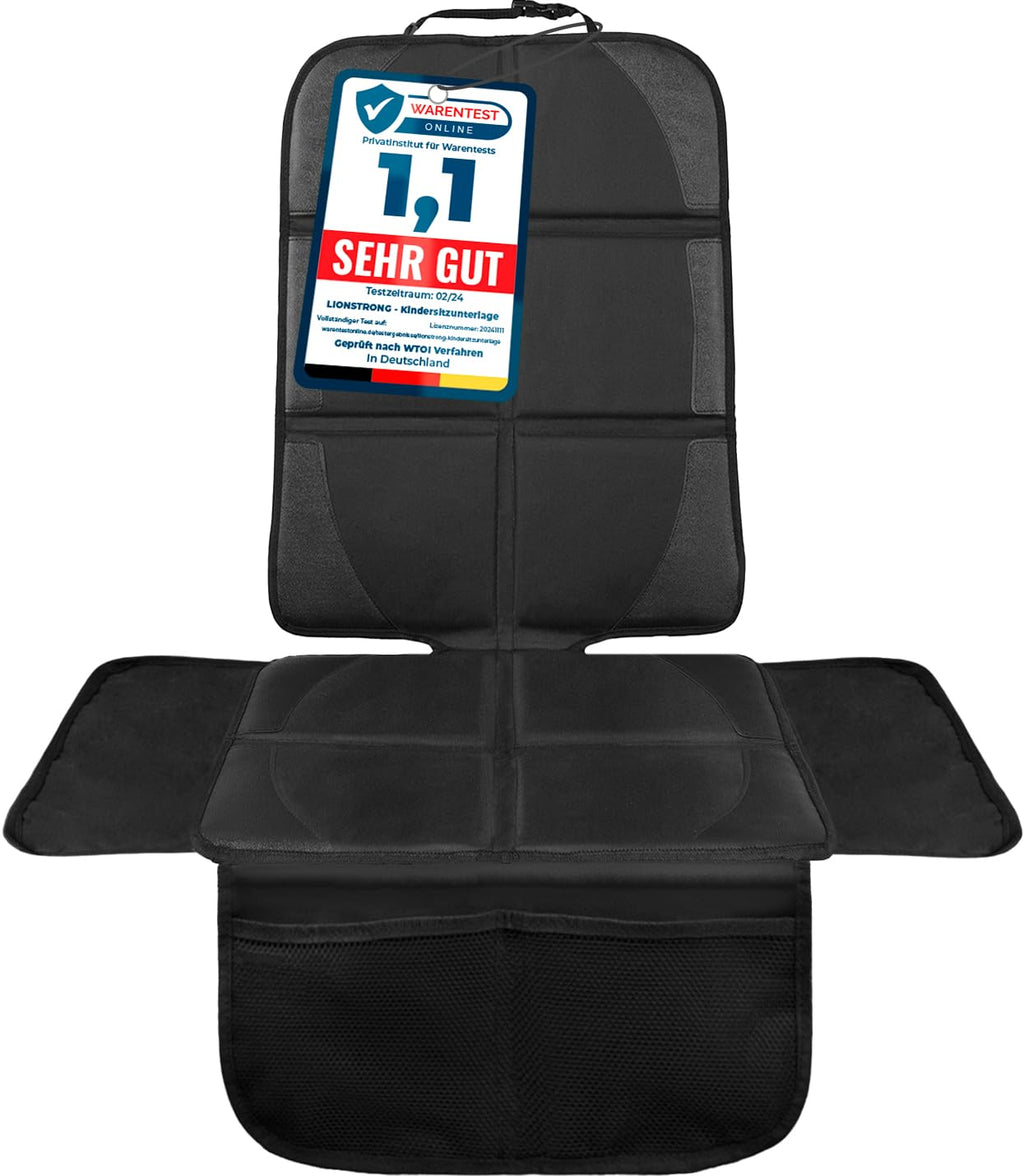 LIONSTRONG® Kindersitzunterlage Autositzschoner [ISOFIX GEEIGNET] - wasserabweisender Polyester Stoff schwarz - Sitzschutz Sitzschoner Auto Kindersitz - universell kompatibel (Schwarz)