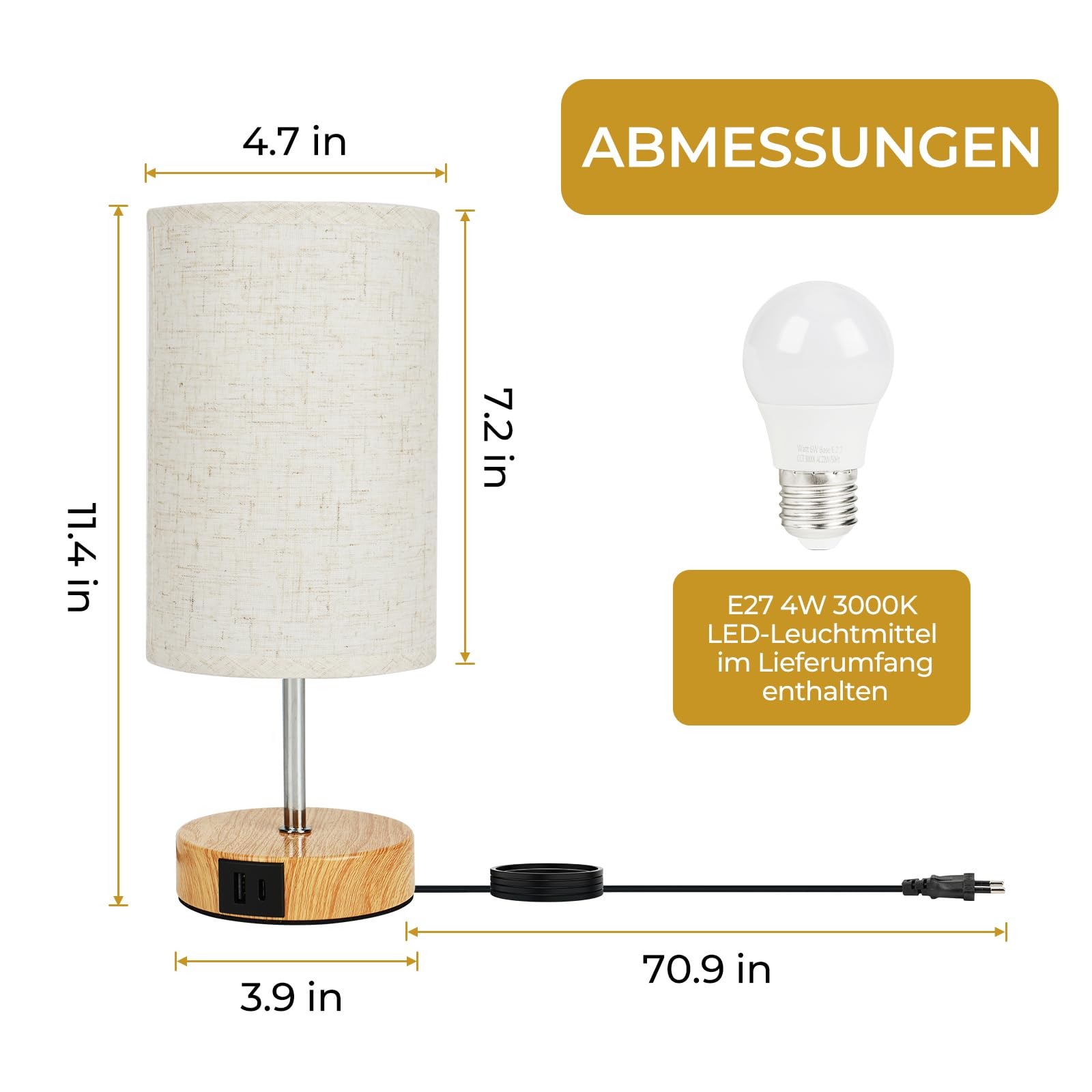 Suright Nachttischlampe Touch Dimmbar 2er Set, Tischlampe mit Ladefunktion USB A+C-Anschlüssen, Leinen-Lampenschirm, Holzsockel, Kleine Lampe für Schlafzimmer Wohnzimmer (LED-Birne Inklusive)