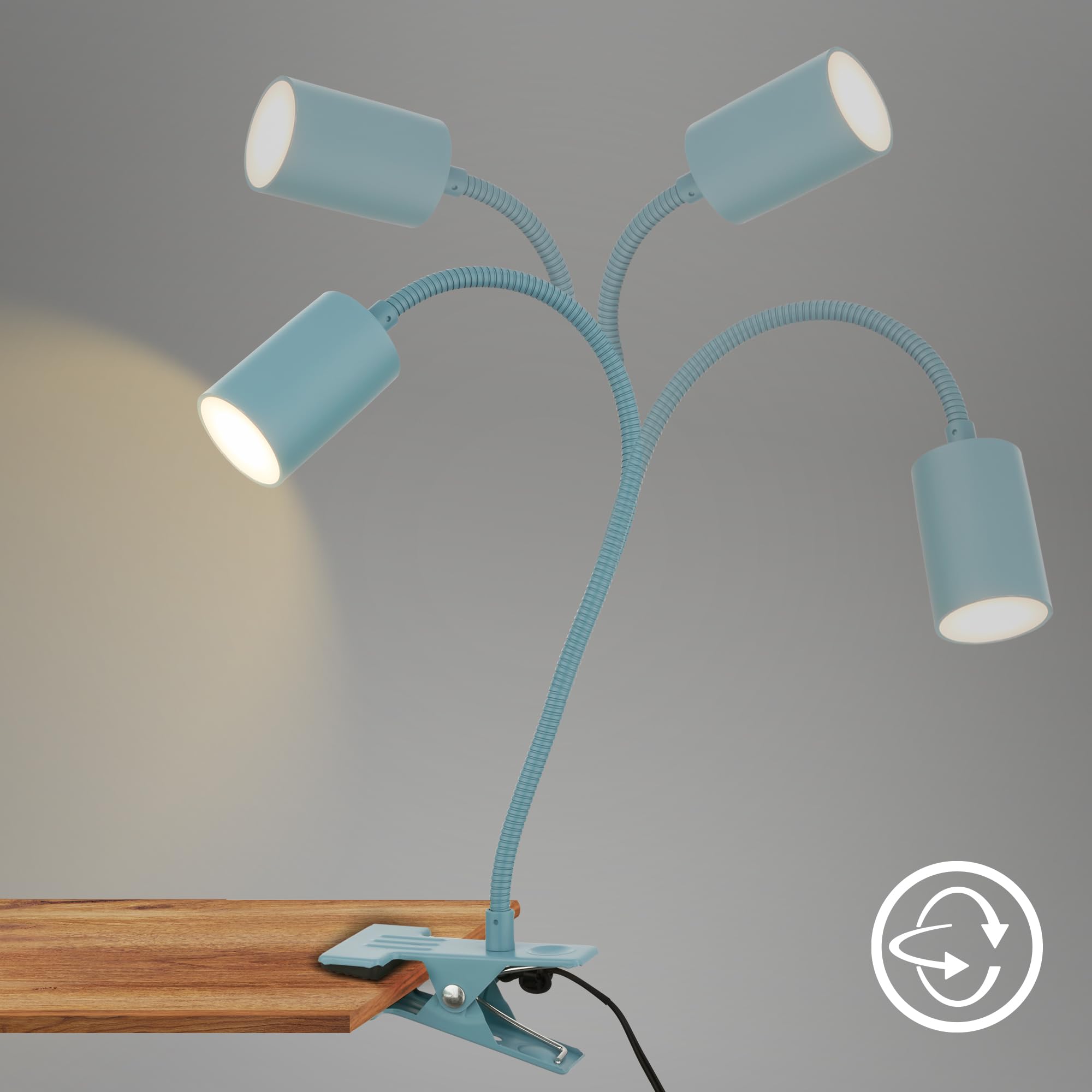 BRILONER - Schreibtischlampe mit Kabelschalter, Warmweiße Lichtfarbe, schwenkbar, Stecker, Leselampe, Klemmlampe, Klemmleuchte, Nachttischlampe, Leselicht Kinder, Bürolampe, 40cm hoch, Blau
