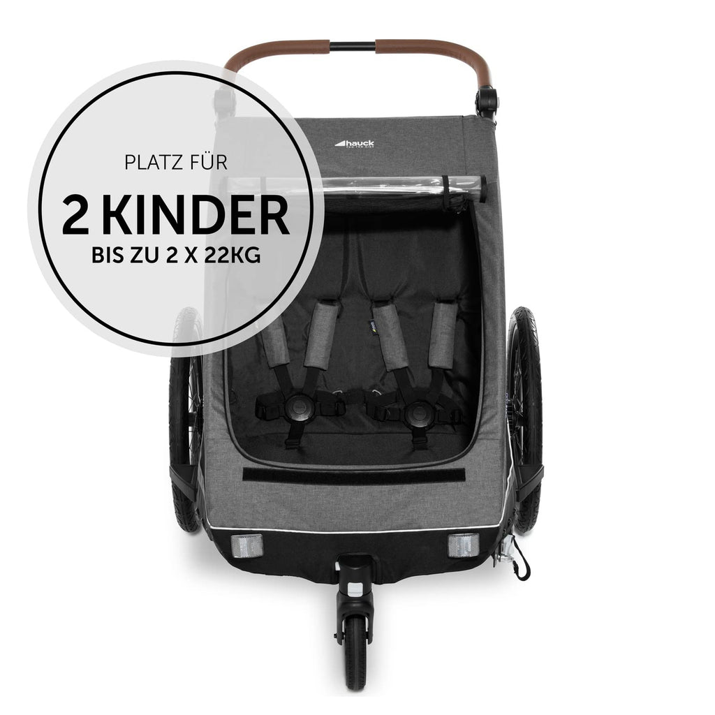 hauck 2in1 Fahrradanhänger & Buggy für 2 Kinder ab 6 Monaten bis 120 cm oder 22 kg Dryk Duo inkl. Deichsel, Kupplung, Buggyrad, Wimpel & Rücklicht, Zusammenklappbar, XL Kofferraum (Melange Grey)