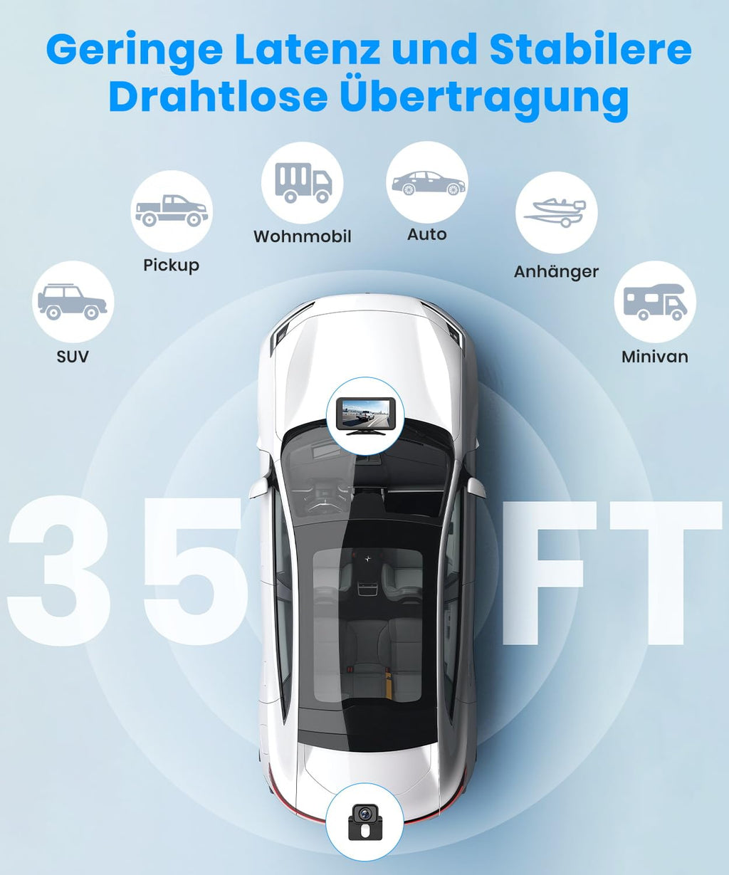 AUTO-VOX Rückfahrkamera kabellos: 5" 1080P Monitor,Dual-Channel,30 Min. Einbau,Stabile Digitale Funkübertragung,IP69K Wasserdicht & Nachtsicht,für SUV, LKW, PKW, Pickup,Anhänger