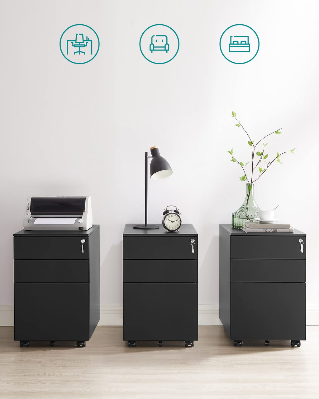 SONGMICS Rollcontainer, unter Schreibtisch, mit 3 Schublade, vormontiert, abschließbarer Büroschrank mit Hängeregistratur, für Akten, Dokumente, Schreibwaren, 52 x 39 x 60 cm, schwarz OFC60BK