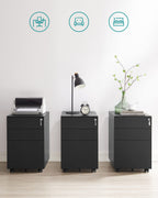 SONGMICS Rollcontainer, unter Schreibtisch, mit 3 Schublade, vormontiert, abschließbarer Büroschrank mit Hängeregistratur, für Akten, Dokumente, Schreibwaren, 52 x 39 x 60 cm, schwarz OFC60BK