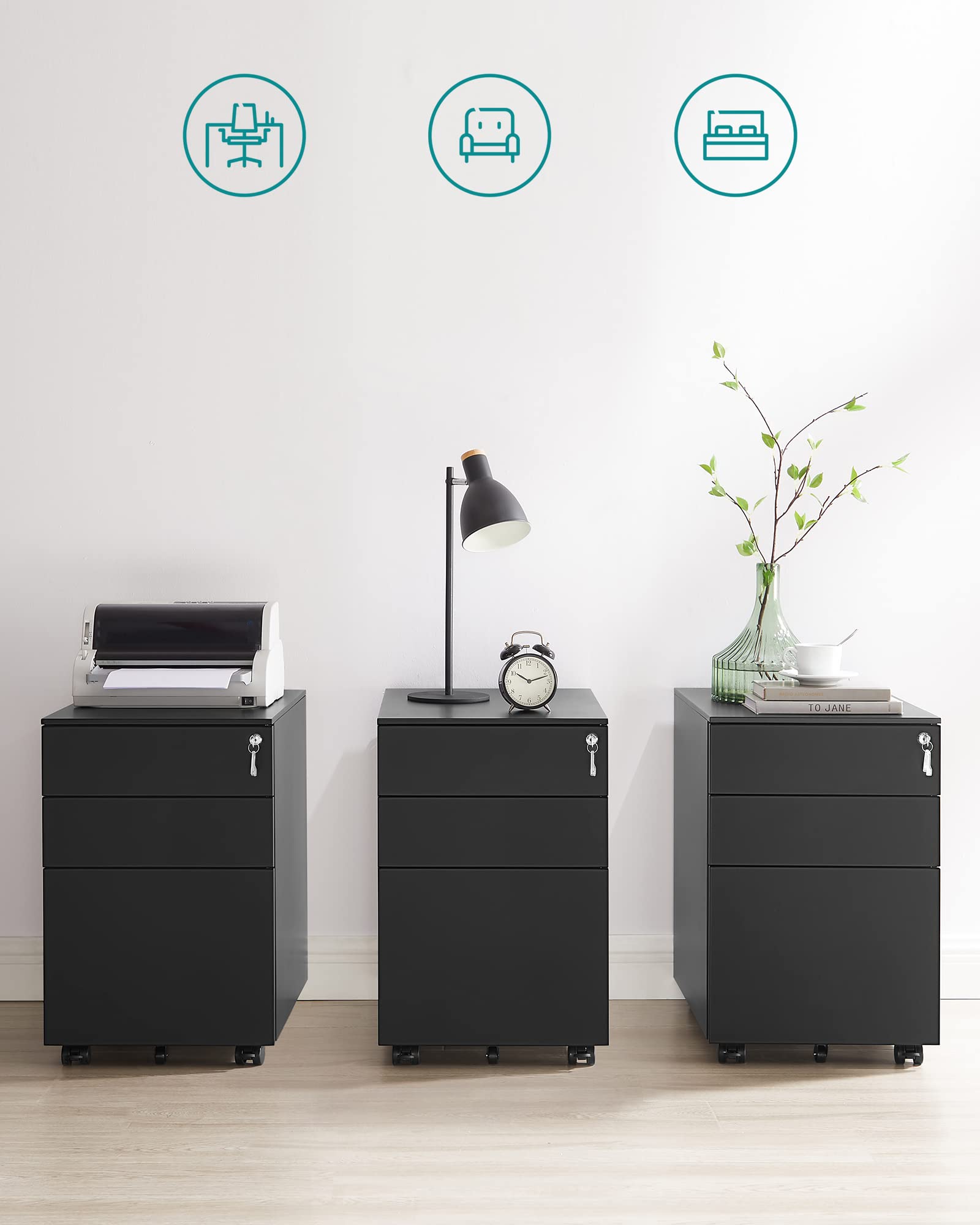 SONGMICS Rollcontainer, unter Schreibtisch, mit 3 Schublade, vormontiert, abschließbarer Büroschrank mit Hängeregistratur, für Akten, Dokumente, Schreibwaren, 52 x 39 x 60 cm, schwarz OFC60BK
