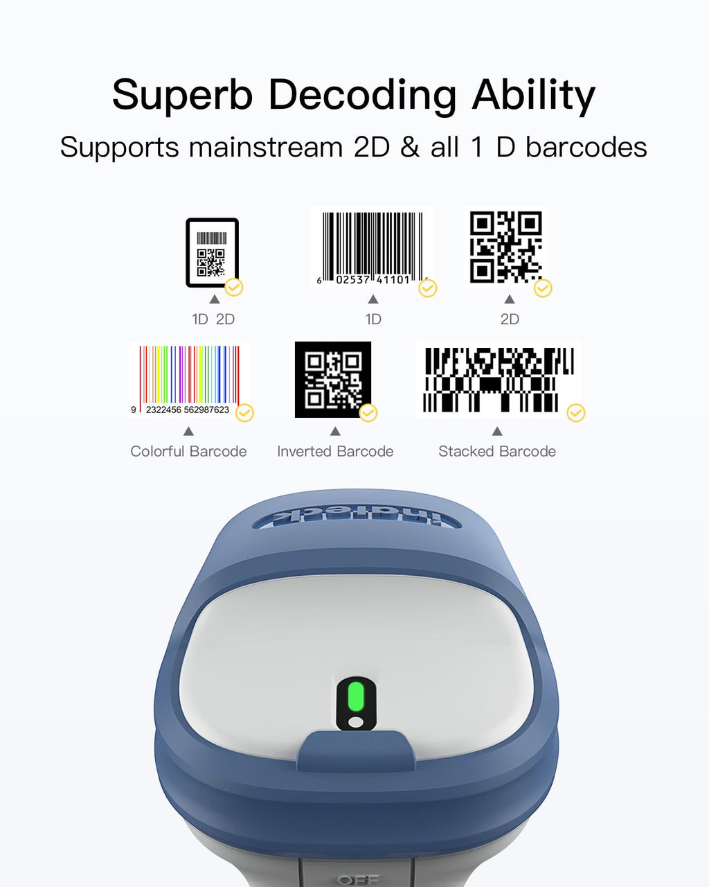 Inateck Wireless Barcode Scanner 2D, Bluetooth 5.0, 2.4Ghz Barcode Reader, QR Code Scanner, liest von Bildschirmen, BCST-73