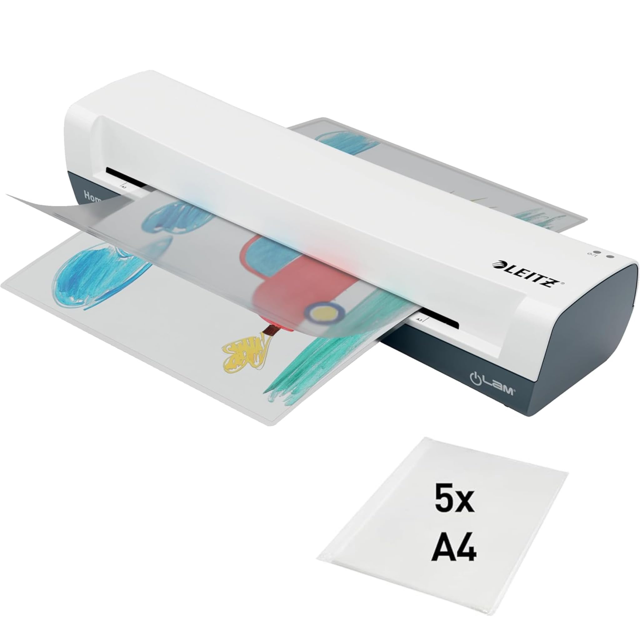 Leitz iLAM Home A3 Laminiergerät, Für 75 bis 125 mic Laminierfolien, 3 Minuten Aufwärmzeit, Inkl. Starterkit mit 5 Folien, Ideal für den Einsatz Zuhause, Home Office & Schule, Weiß, 74320001