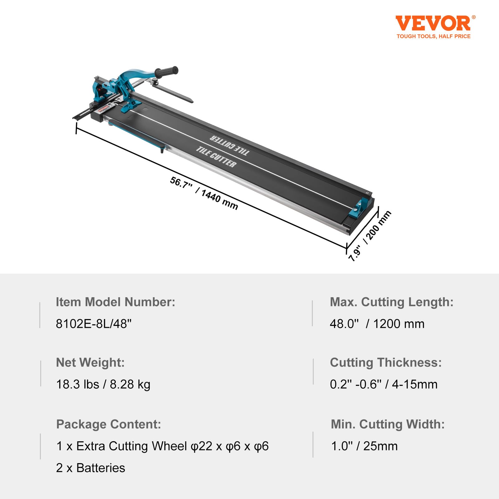 VEVOR Fliesenschneider mit einer Gesamtschnittlänge von 1200mm, Schnittstärke 4-15mm Mindest. Schnittbreite 25mm Fliesenschneidmaschine inkl. Extra Schneidrad Fliesenverlegungs-& Renovierungsprojekten
