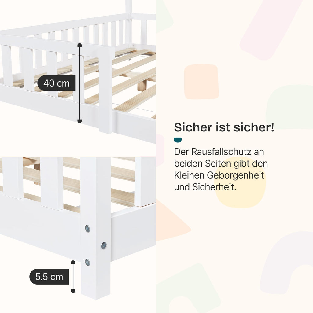 [en.casa] Kinderbett Sisimiut Hausbett Montessori 140 x 200 cm mit Rausfallschutz Holzbett für Kinder Bodenbett Lattenrost Kiefernholz Weiß matt