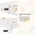 [en.casa] Kinderbett Sisimiut Hausbett Montessori 140 x 200 cm mit Rausfallschutz Holzbett für Kinder Bodenbett Lattenrost Kiefernholz Weiß matt