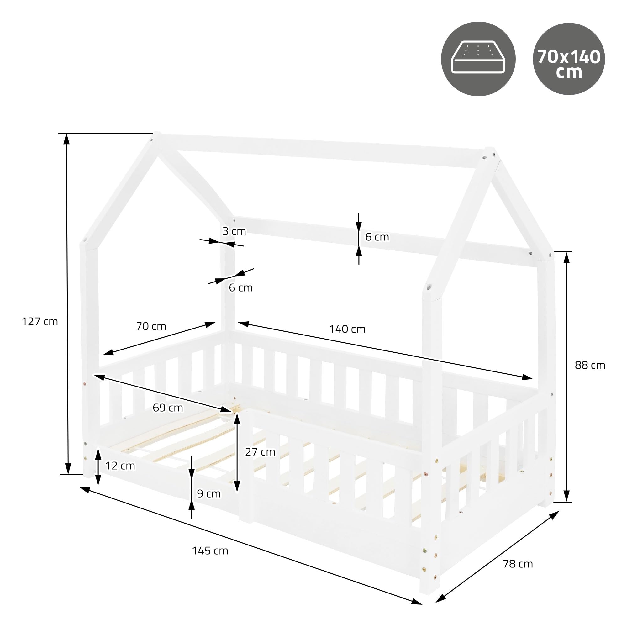 ML-Design Kinderbett 70x140 cm mit Rausfallschutz, Dach und Lattenrost, Weiß, Massivholz Kinder Bett, Hausbett für Mädchen/Jungen, Bettenhaus aus massivem Kiefernholz, Bodenbett Jugendbett Kinderhaus