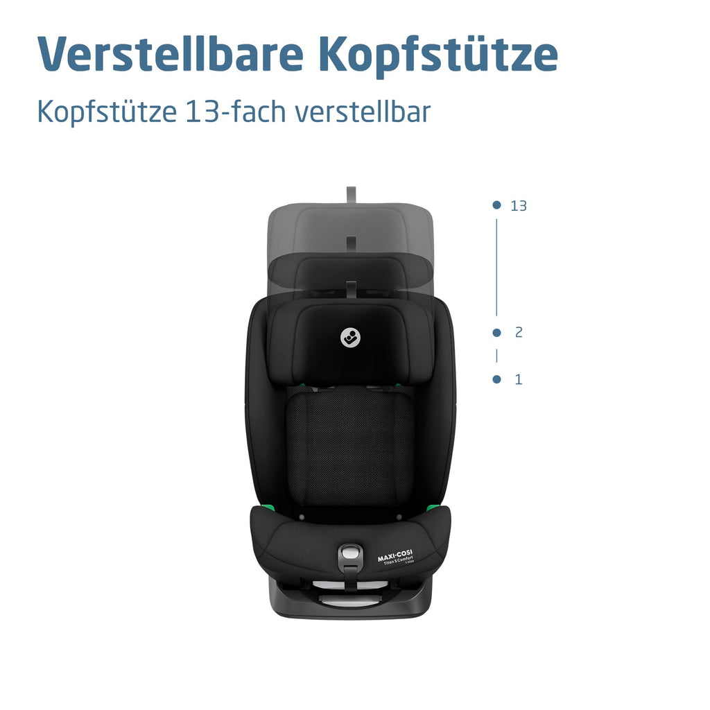 Maxi-Cosi Titan S Comfort i-Size, atmungsaktive Komfortstoffe, mitwachsender Kindersitz, 15 Monate–12 Jahre (76–150 cm), ISOFIX Kindersitz Auto, 5 Sitzposition & 13 Kopfstützenstufen, Authentic Black