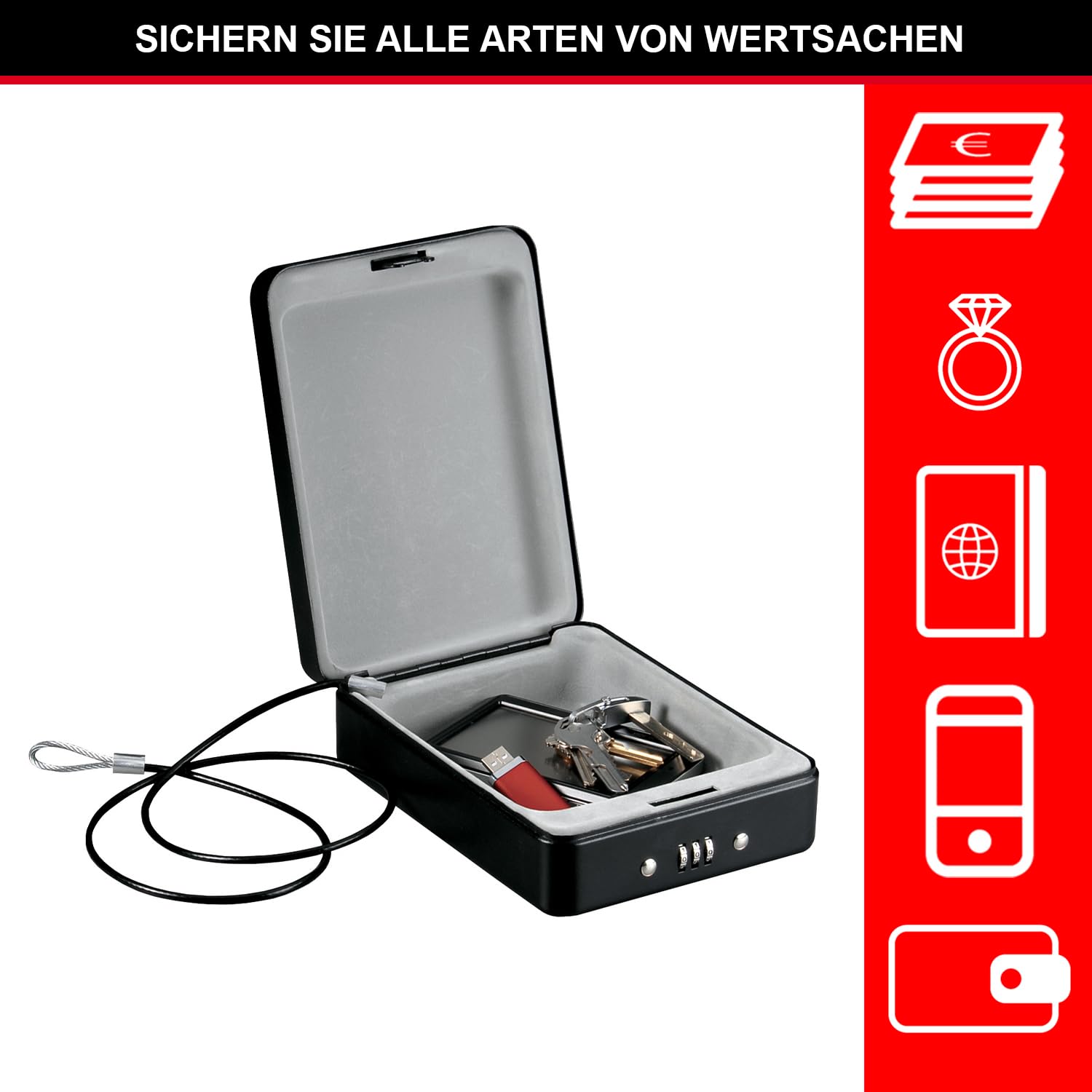 MASTER LOCK Kompakttresor [Kombination] [mit Kabel] P005CEURBLKHRO – Ideal für Scheckbücher, Schmuck, Ausweise, Smartphone und mehr