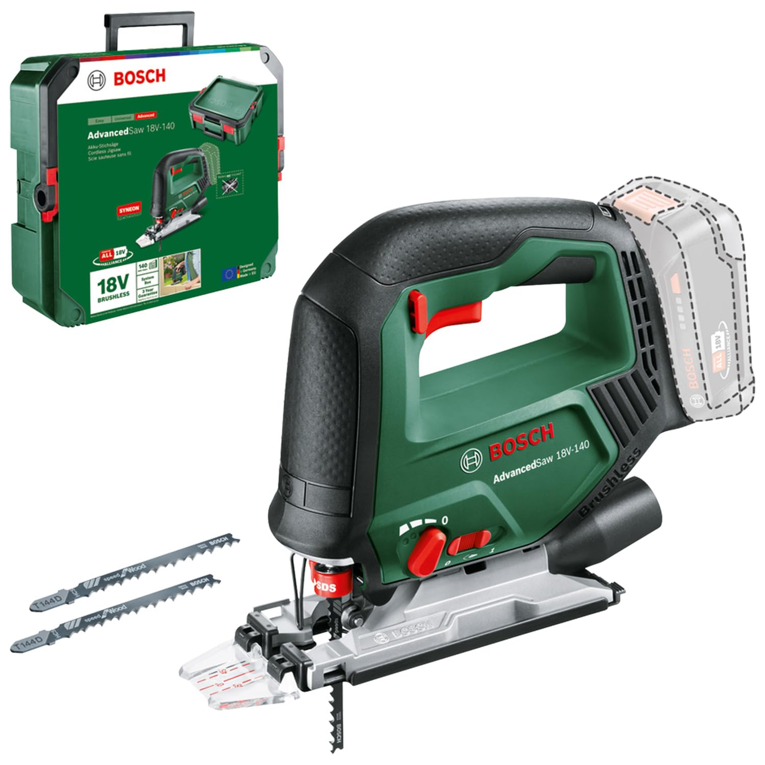 Bosch Akku-Stichsäge AdvancedSaw 18V-140 (Pendelhub, bürstenloser Motor, Schnitttiefe Holz,Stahl,Alu 140,10-20 mm, 3×Sägeblätter, 18-Volt-System, ohne Akku und Ladegerät, in SystemBox)– Amazon Edition