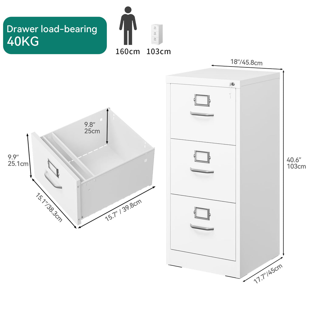 YITAHOME Aktenschrank Abschließbar, Metall Aktenschränke mit 3 Schubladen für A4, Legal, Letter, Anti-Kippen Büroschrank mit Cue-Kartenschlitz für Home-Office, Weiß, 45.8 x 45 x 103cm