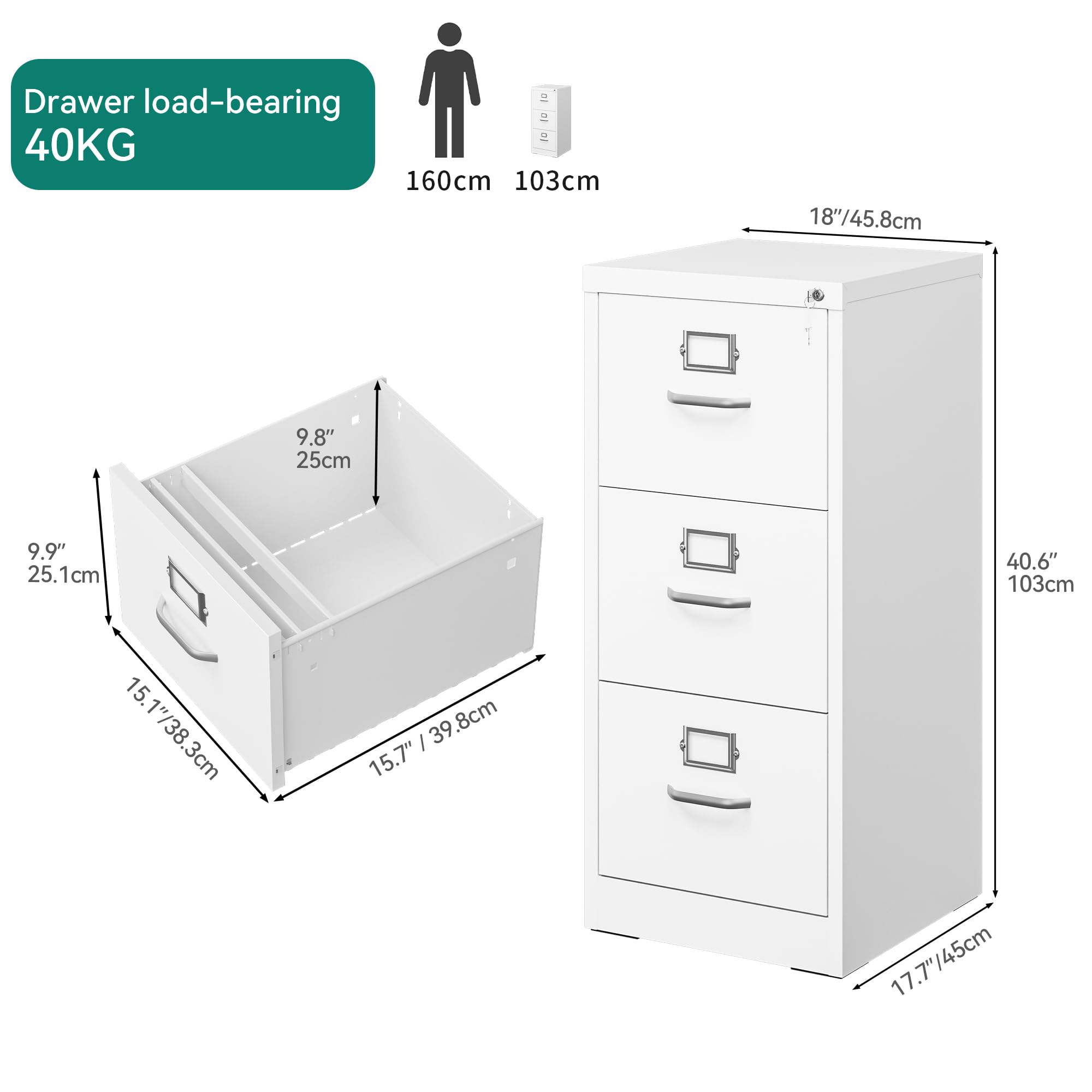 YITAHOME Aktenschrank Abschließbar, Metall Aktenschränke mit 3 Schubladen für A4, Legal, Letter, Anti-Kippen Büroschrank mit Cue-Kartenschlitz für Home-Office, Weiß, 45.8 x 45 x 103cm