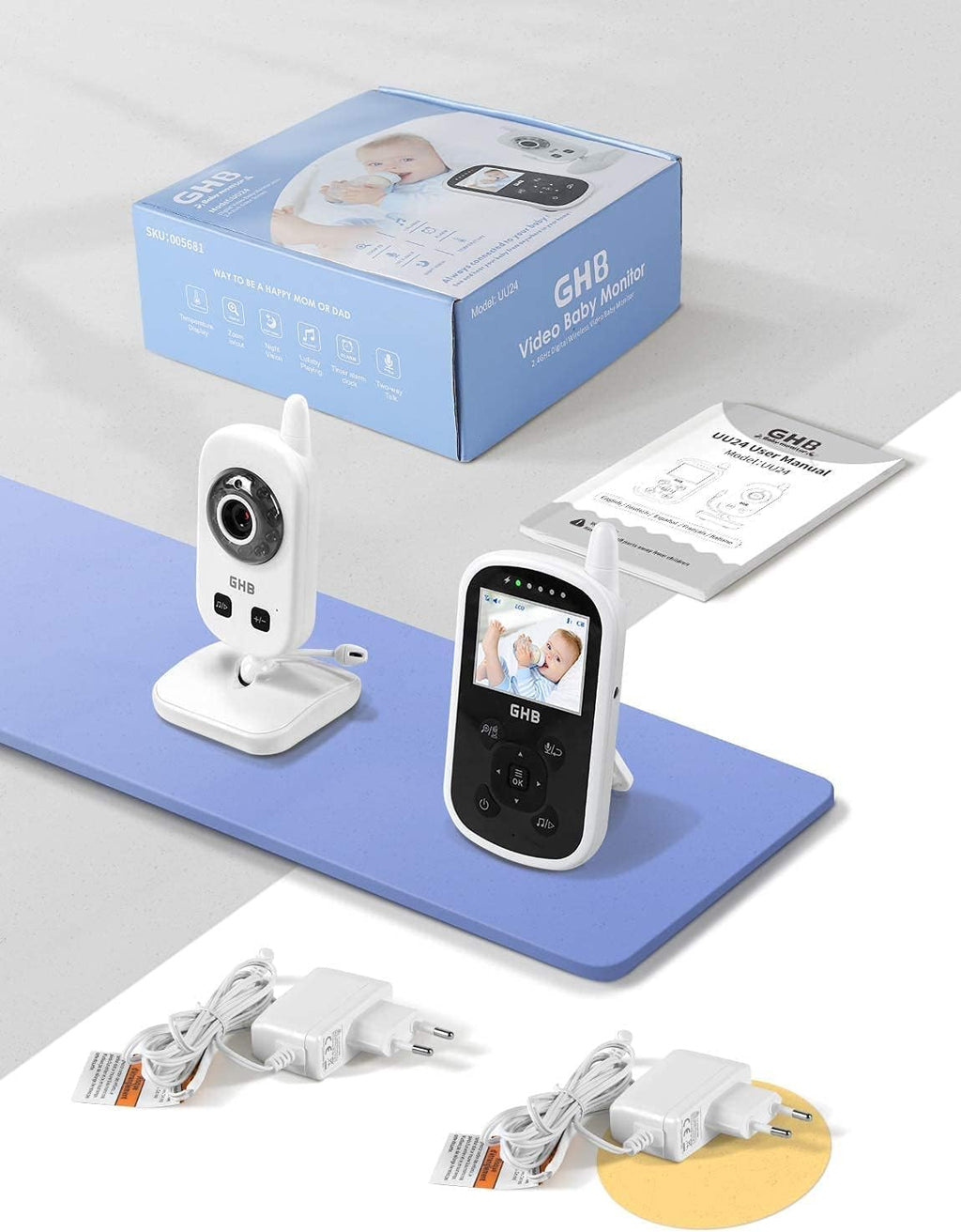 GHB Babyphone mit Kamera Video Baby Monitor 2,4 GHz Gegensprechfunktion ECO Modus Lange Akkulaufzeit Nachtsicht Temperatursensor Schlaflieder