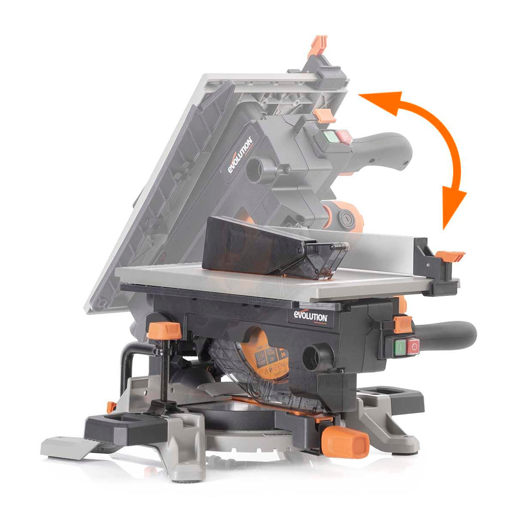 Evolution Power Tools R210MTS-G2 Vielseitige Kapp- und Tischsäge, kompakt, multifunktional, schneidet verschiedene Materialien, TCT-Sägeblatt für Holz, Kunststoff und Metall, 210mm