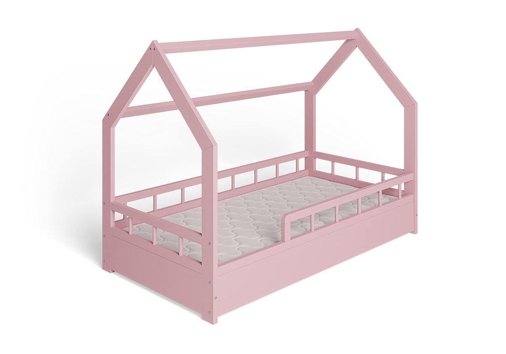 ms factory Hausbett mit Matratze Kinderbett 80x160 cm mit Rausfallschutz und Lattenrost - Einzelbett aus Kiefernholz für Mädchen und Junge - Rosa