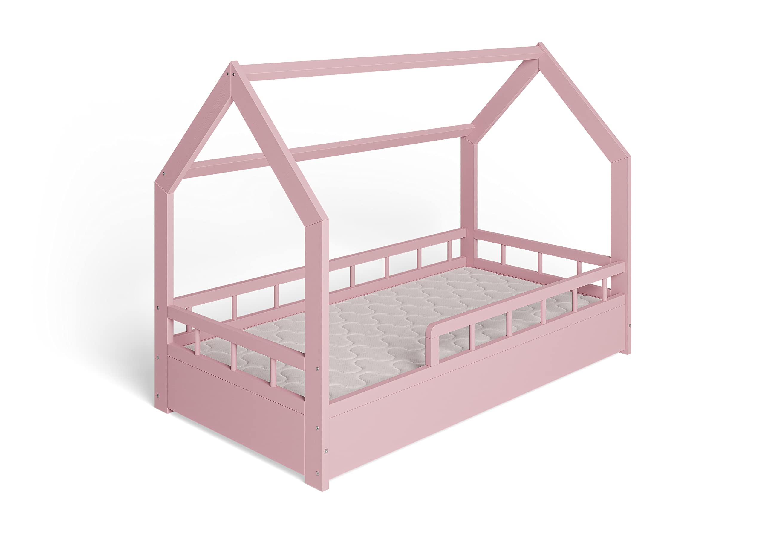 ms factory Hausbett mit Matratze Kinderbett 80x160 cm mit Rausfallschutz und Lattenrost - Einzelbett aus Kiefernholz für Mädchen und Junge - Rosa