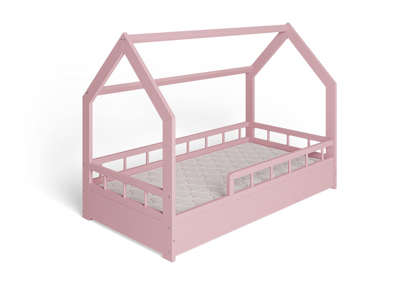 ms factory Hausbett mit Matratze Kinderbett 80x160 cm mit Rausfallschutz und Lattenrost - Einzelbett aus Kiefernholz für Mädchen und Junge - Rosa
