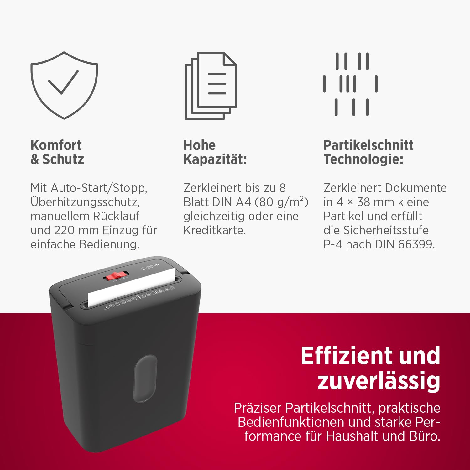 OLYMPIA PS 54 CC Pro Aktenvernichter | Papierschredder mit Partikelschnitt 4×38 mm | Schredder Aktenvernichter für Home Office | Shredder Papier 8-Blatt | Mit universal Aufsatz | Paper Shredder