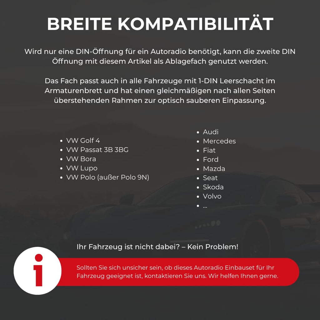 Audioproject A184 - Autoradio Universal Ablagefach 1 DIN Radio Ausschnitt Radioblende kompatibel für VW Golf VW Passat 3BG VW Polo VW Lupo Volvo Skoda Seat FIAT Mazda Ford Audi Mercedes ISO