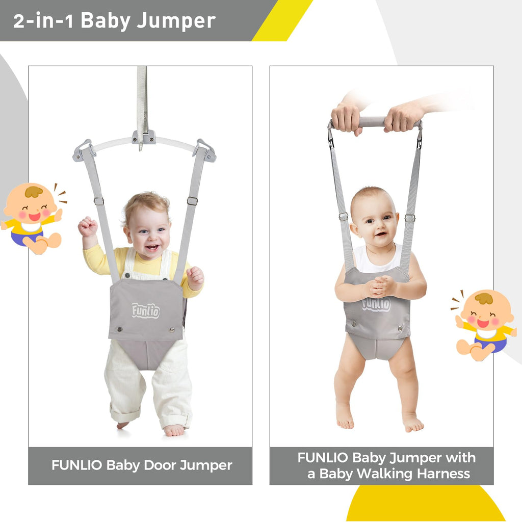 FUNLIO 2-in-1 Baby-Türspringer mit Türklemme und Laufgurt für 6-24 Monate. Stabiler Sprungmechanismus mit verstellbarem Gurt, einfach zu montieren und zu verstauen - Grau