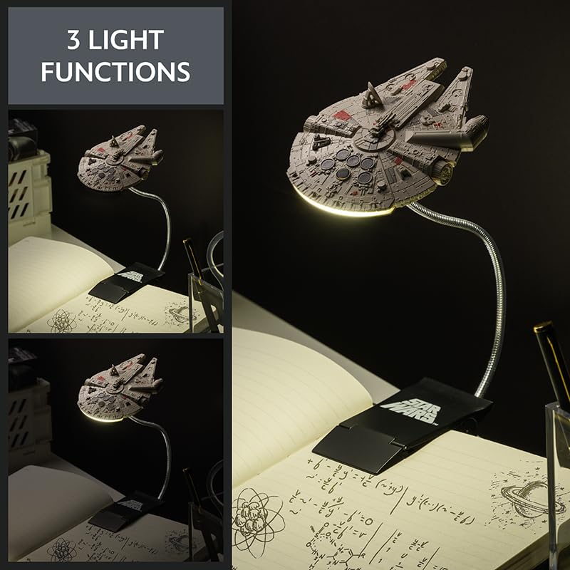 Star Wars Millennium Falcon Buchleuchte zum Anklippen, offiziell lizenziertes Disney-Leselicht, Clip-Lampen-Design mit flexiblem Kabel, mit ikonischem Han Solo Raumschiff, 3 Lichtmodi,