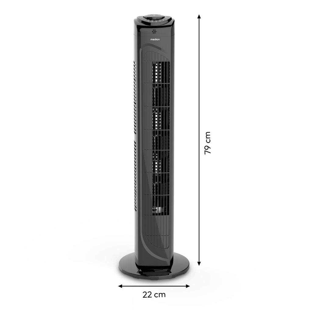 MEDION E11 TF Turmventilator mit Fernbedienung (3 Geschwindigkeitsstufen, leiser Schlafmodus, 45 Watt Leistung, 60° horizontale Oszillation, Timer, MD12067) schwarz