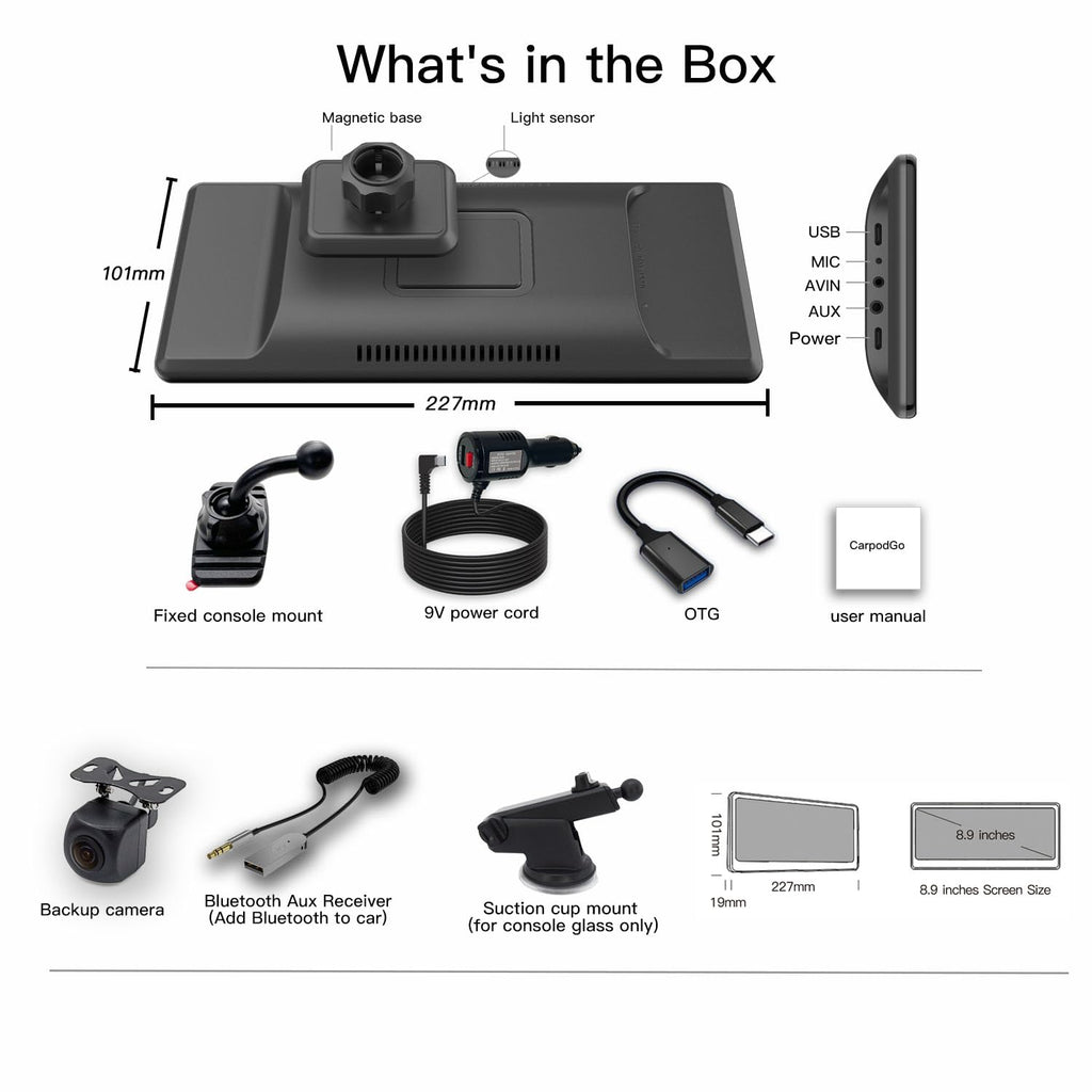 [2026 Voll laminierter Bildschirm] CarpodGo T3 Pro Portable 60fps Wireless Carplay Android Auto, 8,9 Zoll 1920 * 720 IPS Touchscreen Auto-Stereo, Display-Only BT-Modus unterstützt Lenkradsteuerung