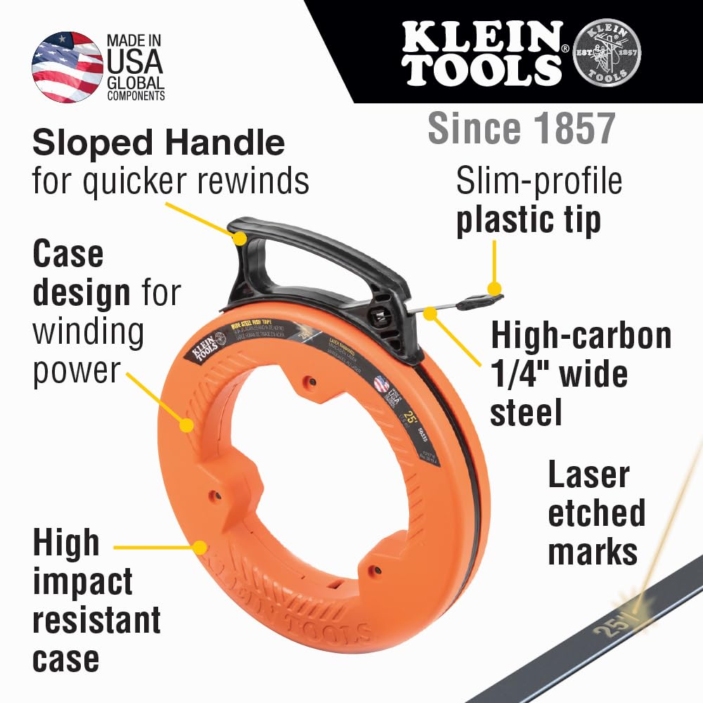 Klein Tools 56335 | Einziehband Federstahl 7,6 m | Elektriker Kabel-Einziehband mit Markierungen alle 30 cm | Strapazierfähig und flexibel | Griffiges, kompaktes Ziehband