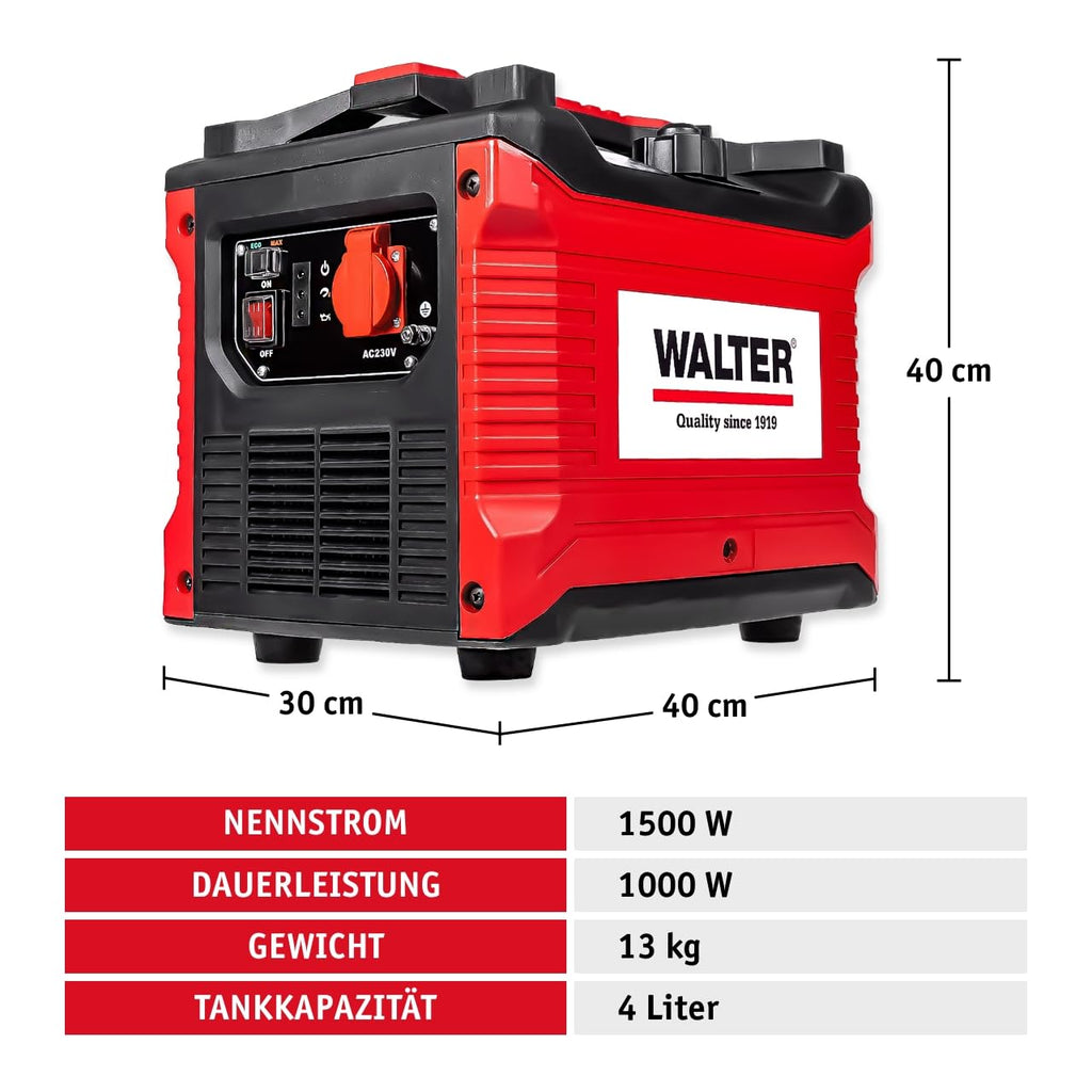 Walter Inverter Stromerzeuger 1000W, Benzin Notstromaggregat, ideal für Camping Reise Garage Wohnwagen Baustelle, WWS-IGS1000